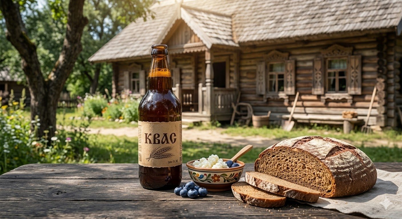 Kvass served in a traditional glass bottle with rye bread, surrounded by rustic Eastern European table setting