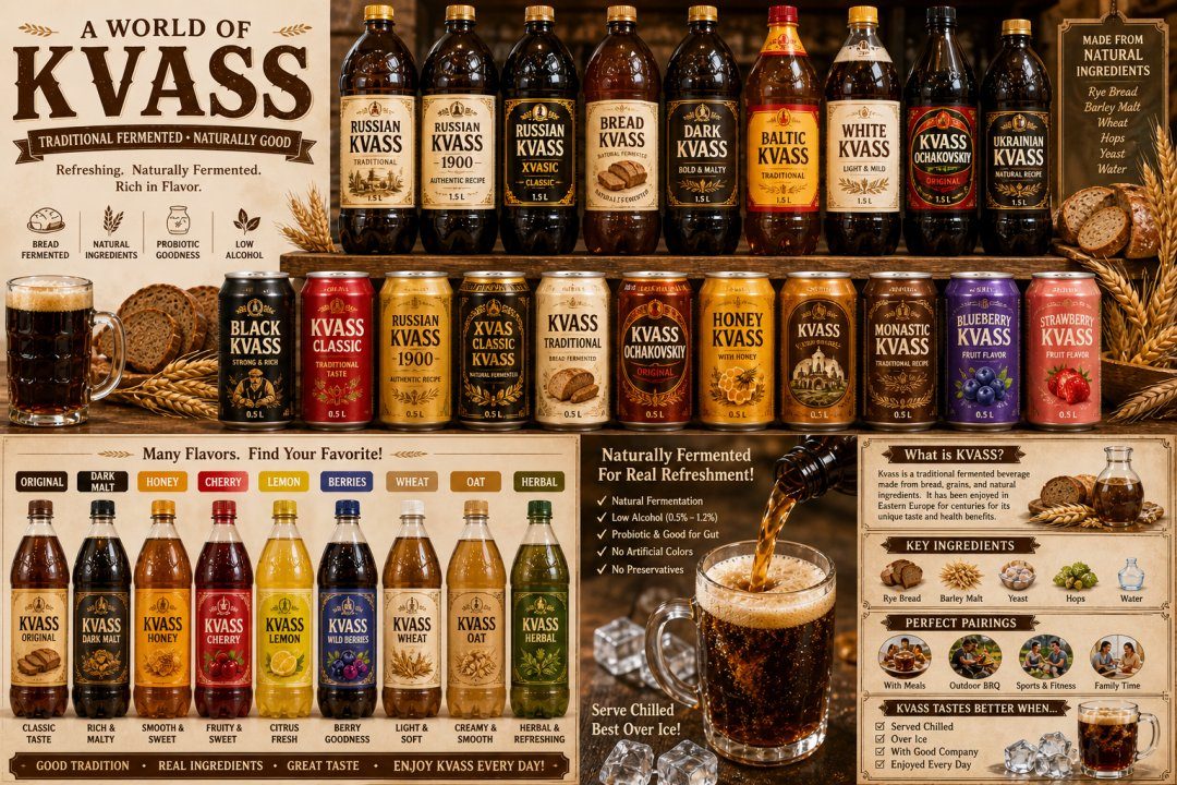 Infographic showing kvass variations from different regions: Russian, Ukrainian, Polish, Lithuanian, Estonian, Finnish, and Chinese versions
