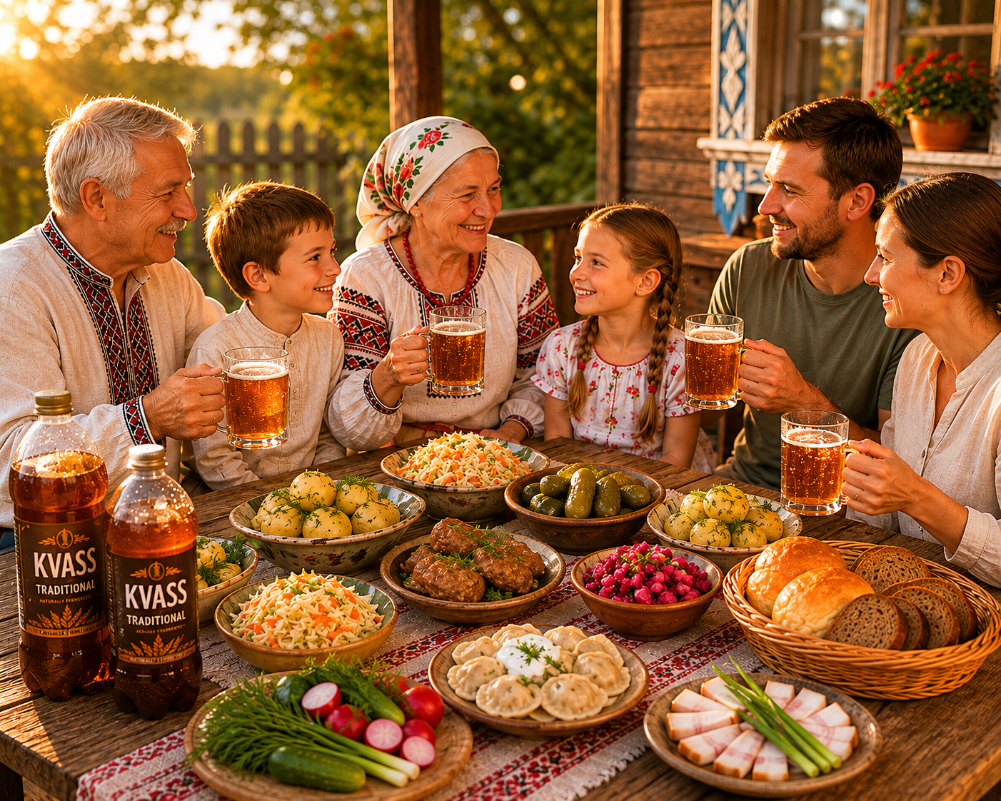 Traditional Eastern European table spread with kvass bottle, rye bread, pickles, smoked meats, and cheese for food pairing
