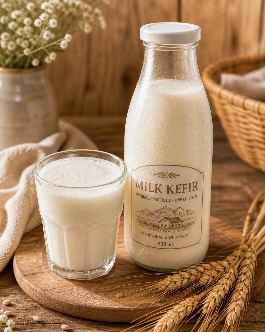 Milk kefir served in a traditional glass bottle and tumbler