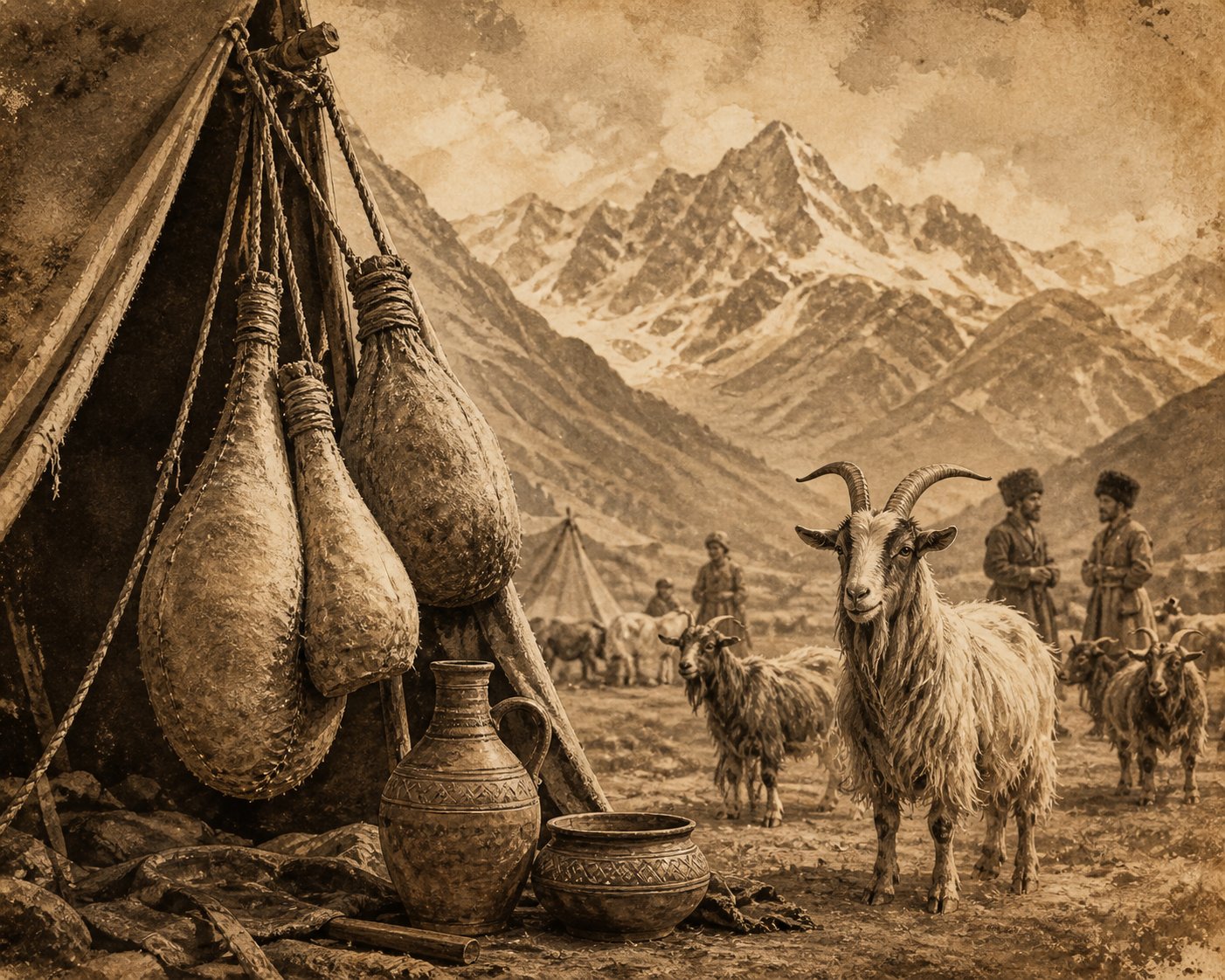 Sepia illustration of the Caucasus mountains with leather pouches hanging from a nomadic tent