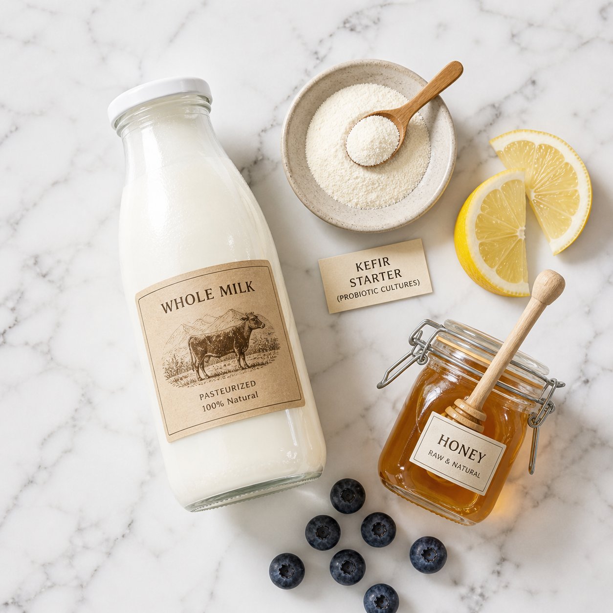 Whole milk, kefir starter powder, honey, lemon and blueberries arranged on marble