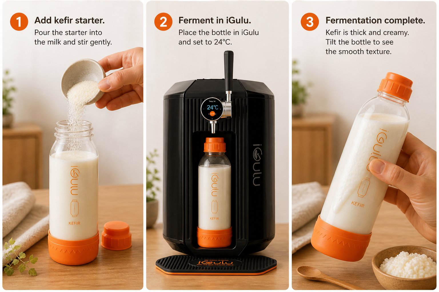 Three-step iGulu kefir brewing: add starter, ferment at 24°C, finished kefir
