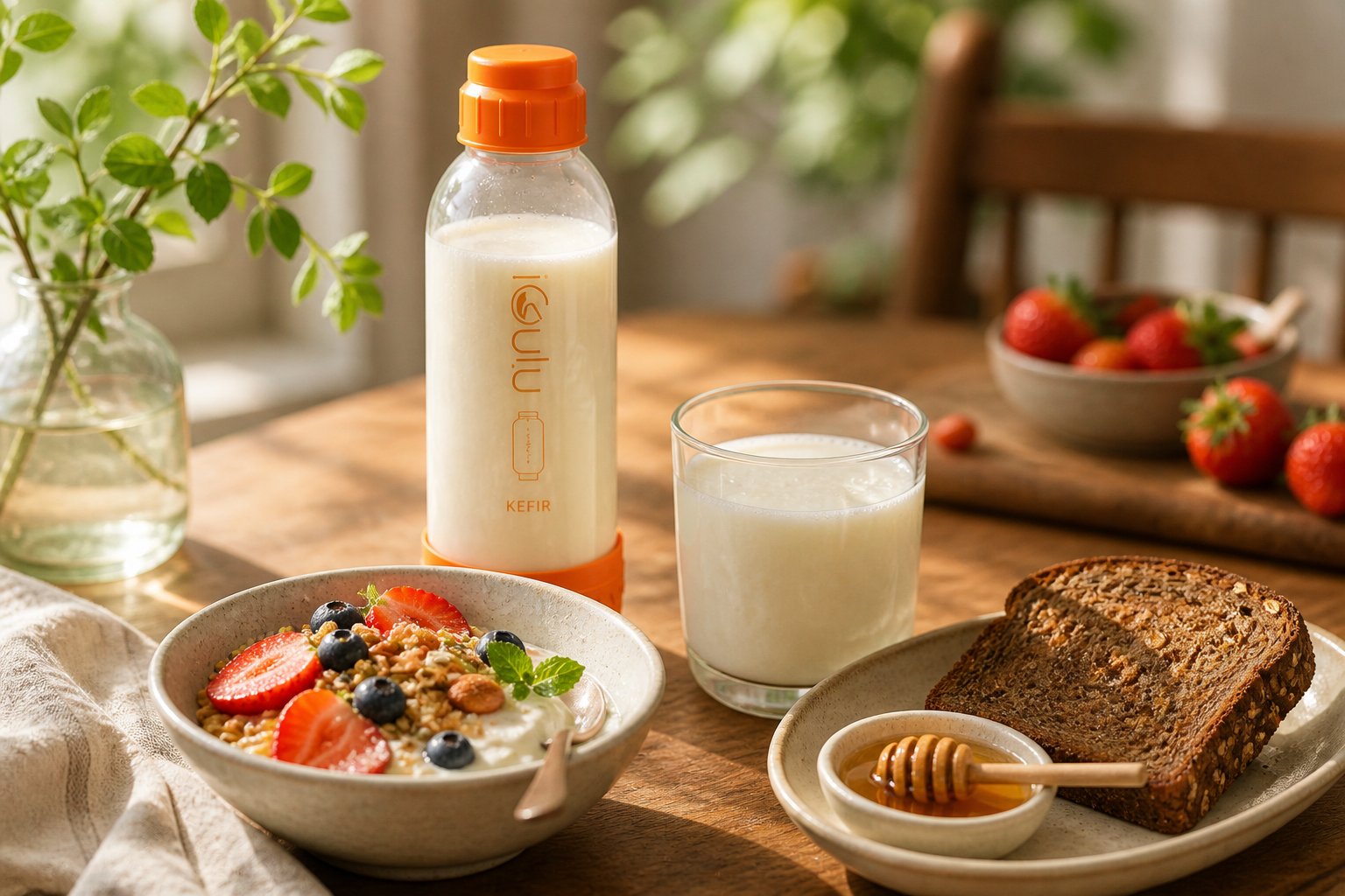 iGulu kefir with breakfast: granola bowl with berries, rye bread with honey