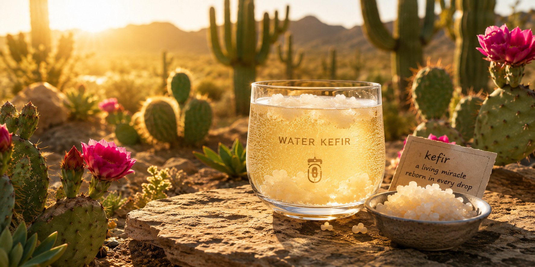 A glass of water kefir with translucent grains, set against a sunlit desert cactus landscape