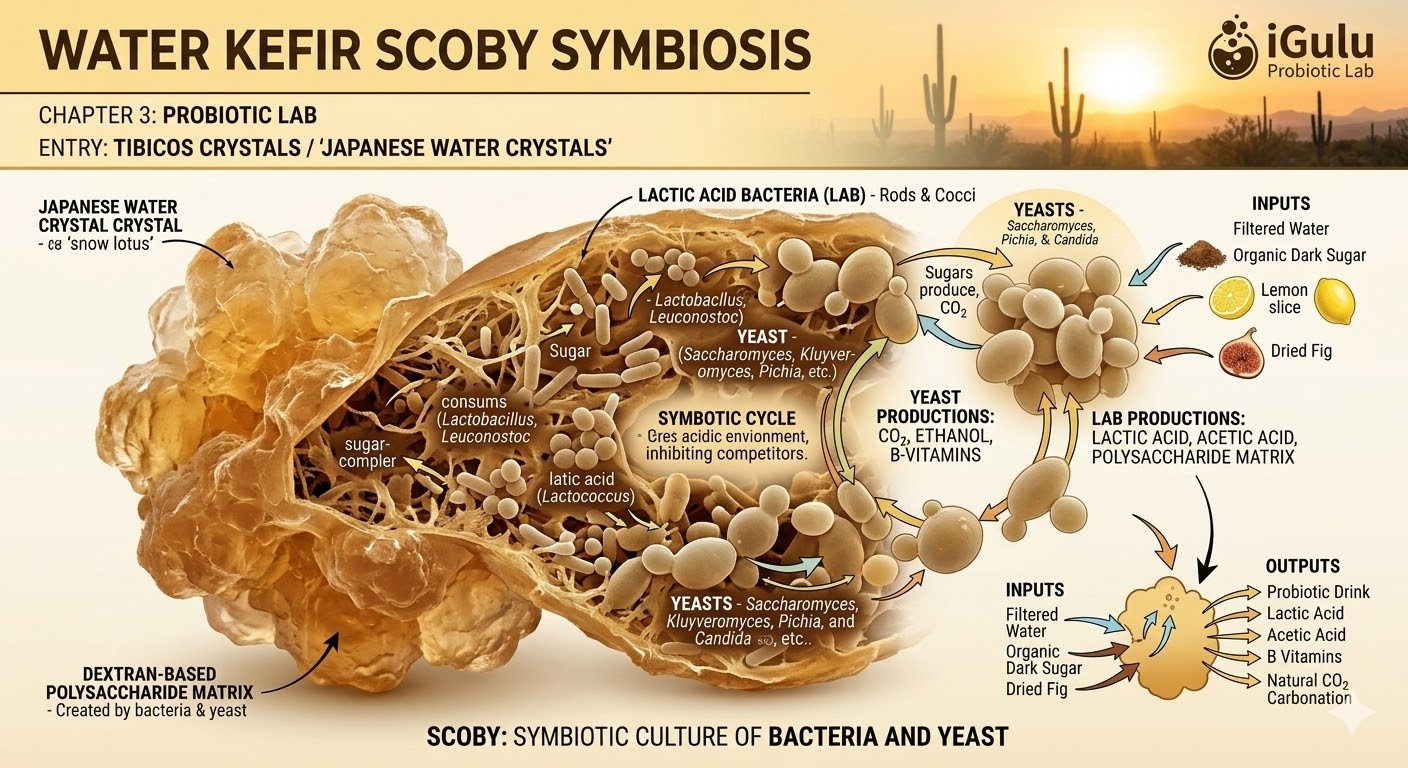 Infographic of the water kefir SCOBY symbiosis: lactic acid bacteria and yeasts working together on a sugar substrate