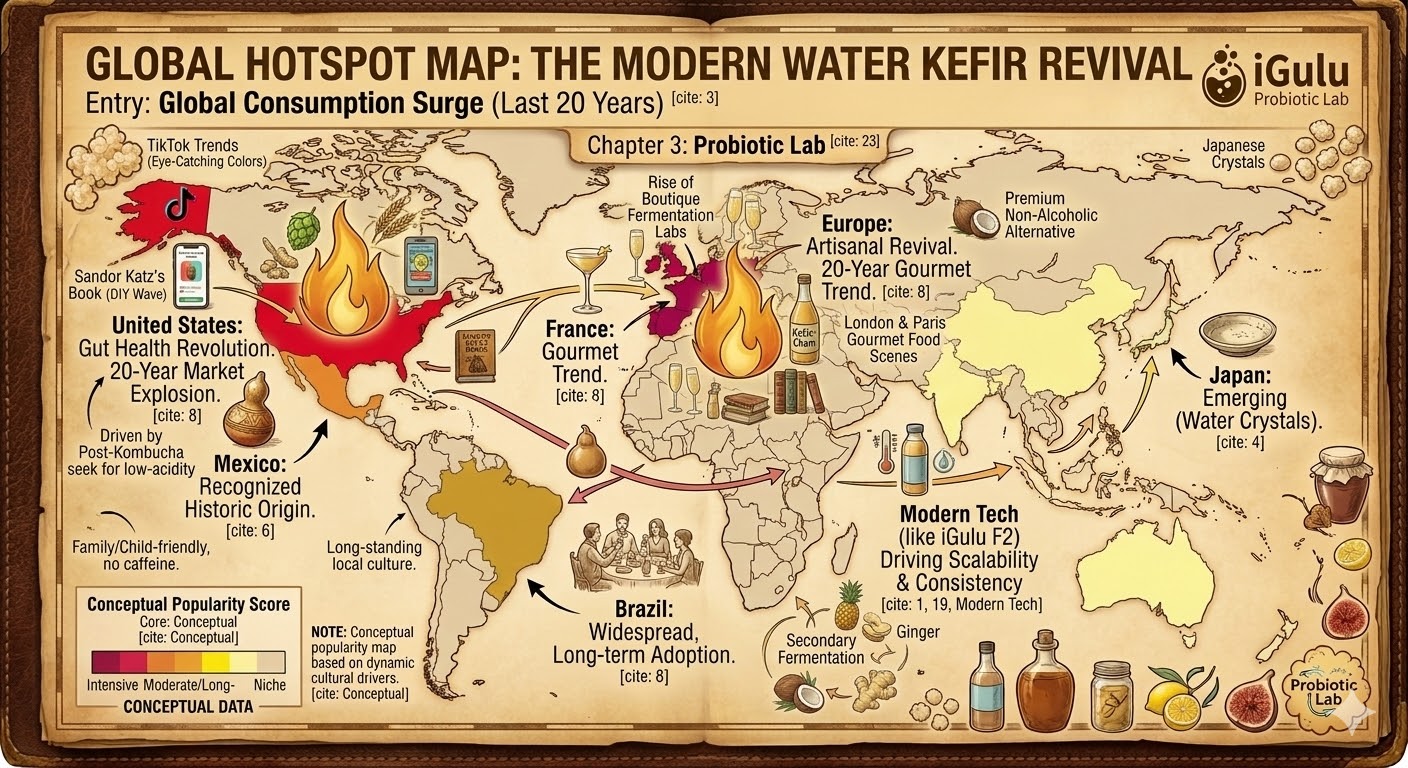 Illustrated world map showing the global revival of water kefir across Mexico, the US, Europe, and Japan