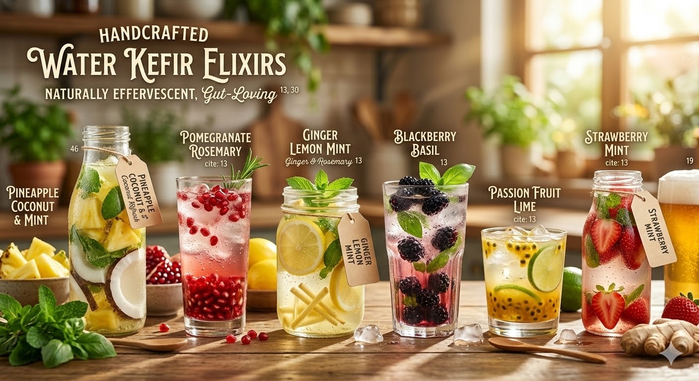 A lineup of handcrafted water kefir elixirs in different fruit and herb flavors